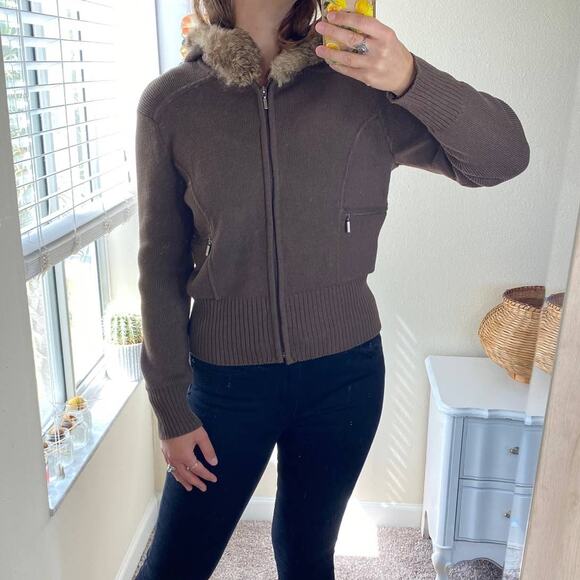 Nine & Co brown full zip sweater jacket with rabbit fur hood size large - Picture 2 of 8